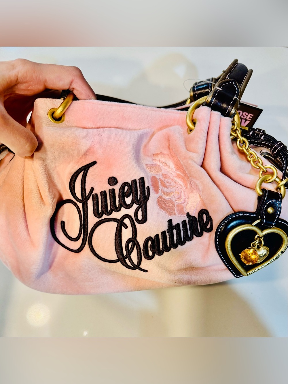 Juicy Couture Pink Velvet Small Satchel with Brown Trim & Heart Charm_NWT